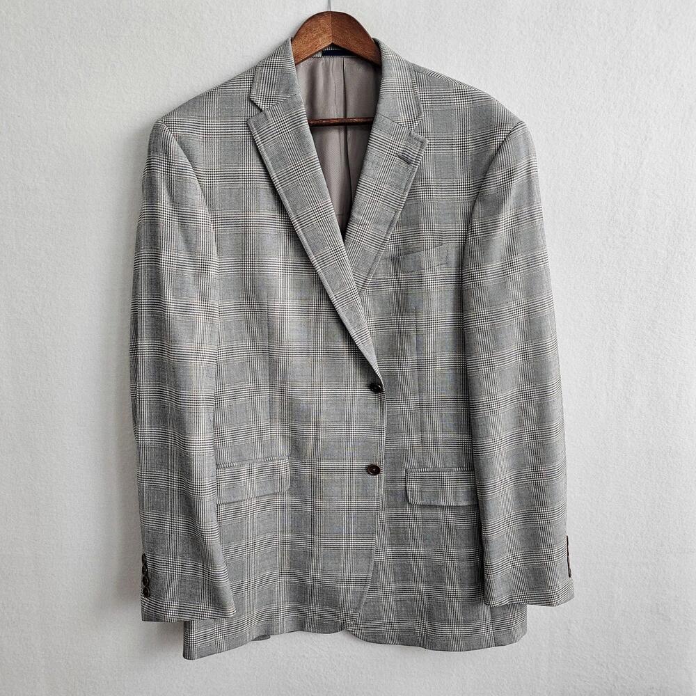 Cremieux Collection Loro Piana Blazer Sport Coat Wool Glen Plaid Brown Gray 44L